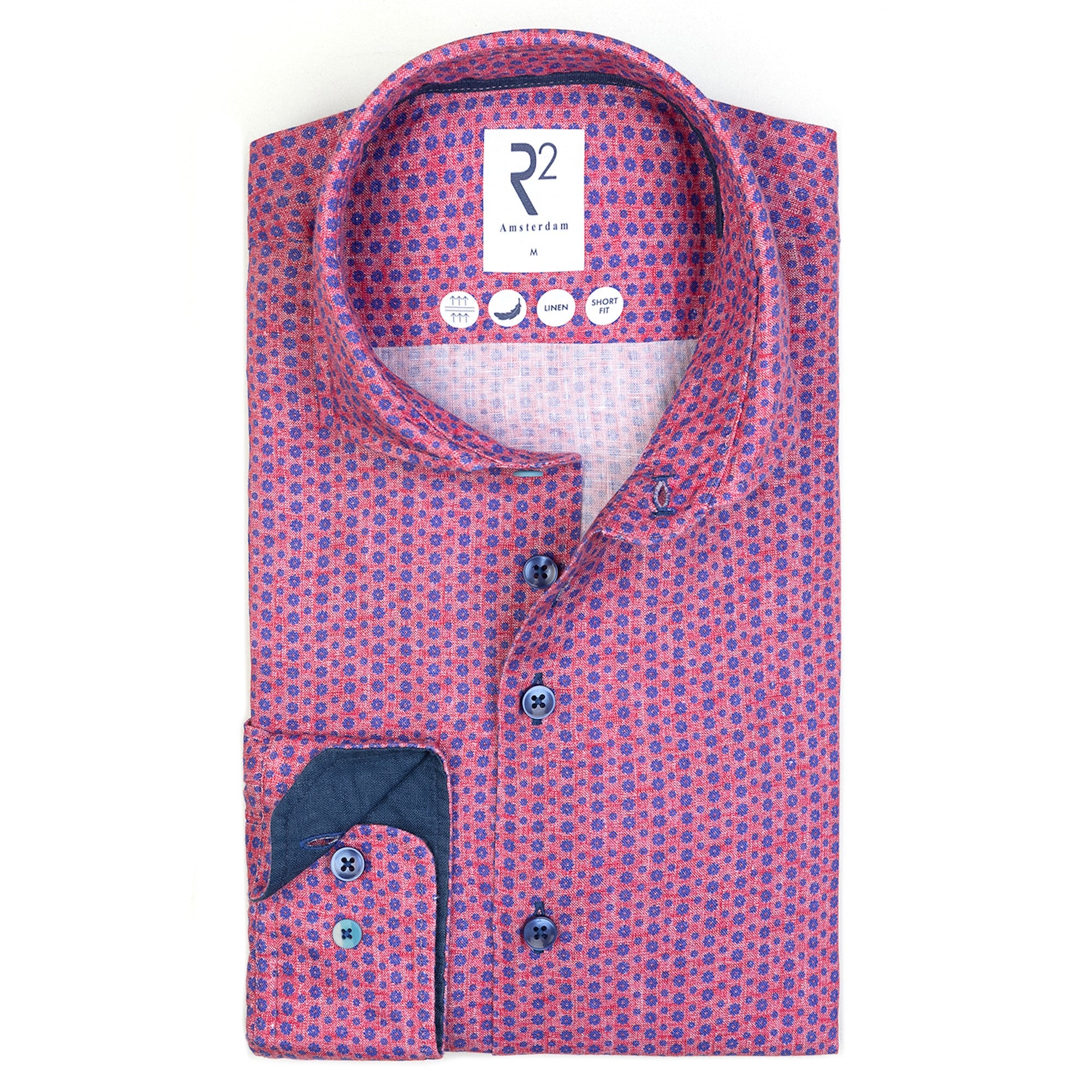 Linen in Pink Coral with Blue Flowers