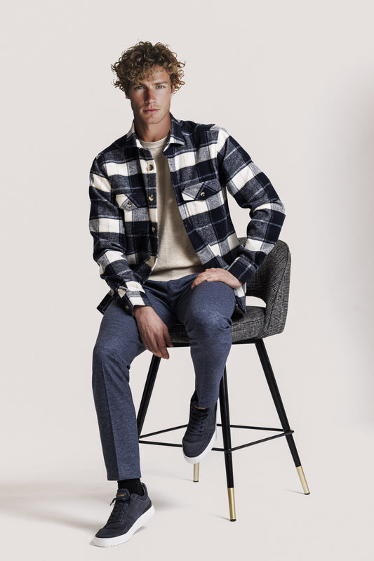Blue and cream check shacket by Giordano
