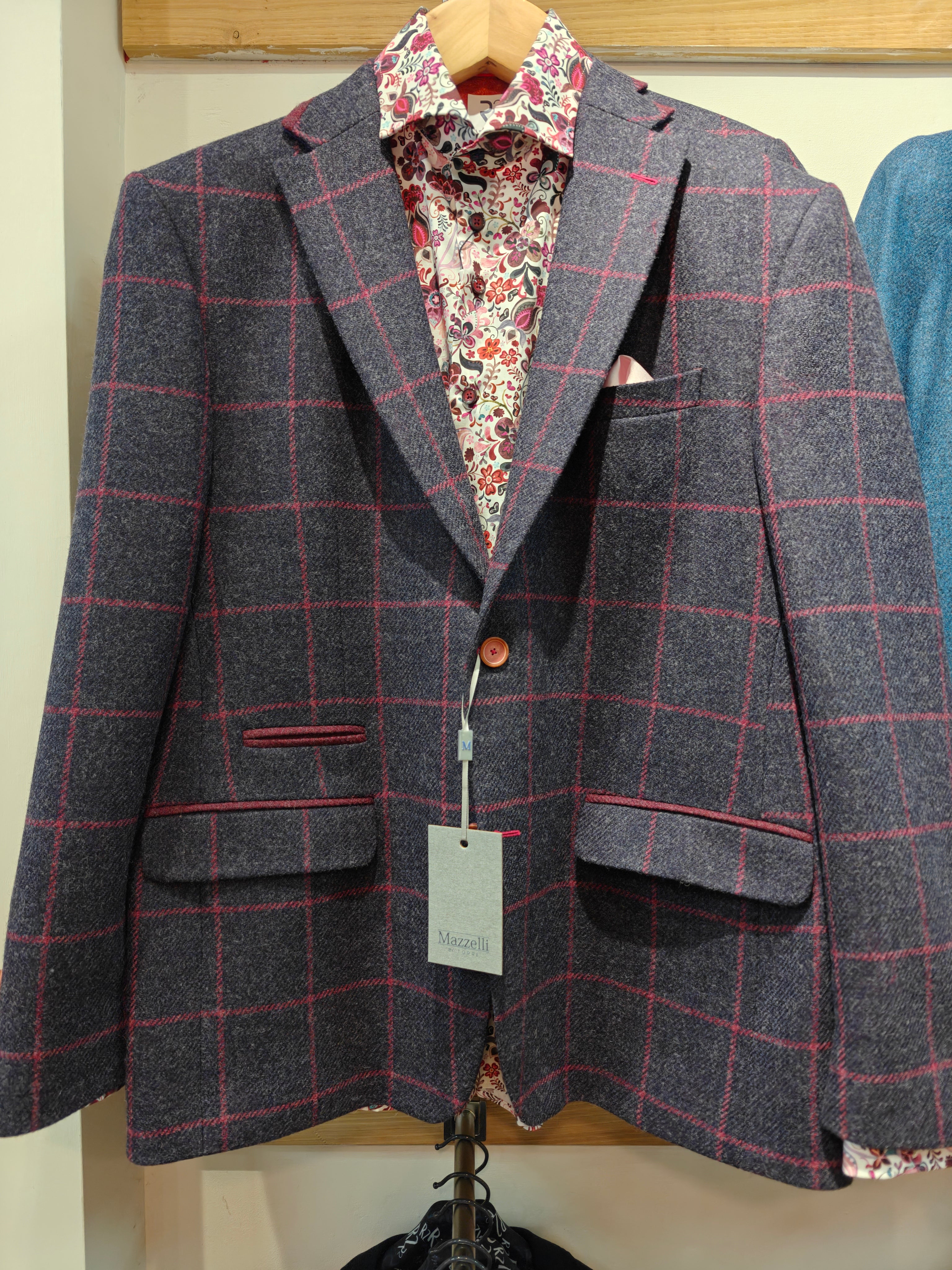 Blue grey tweed with magenta check by Torre for Mazzelli