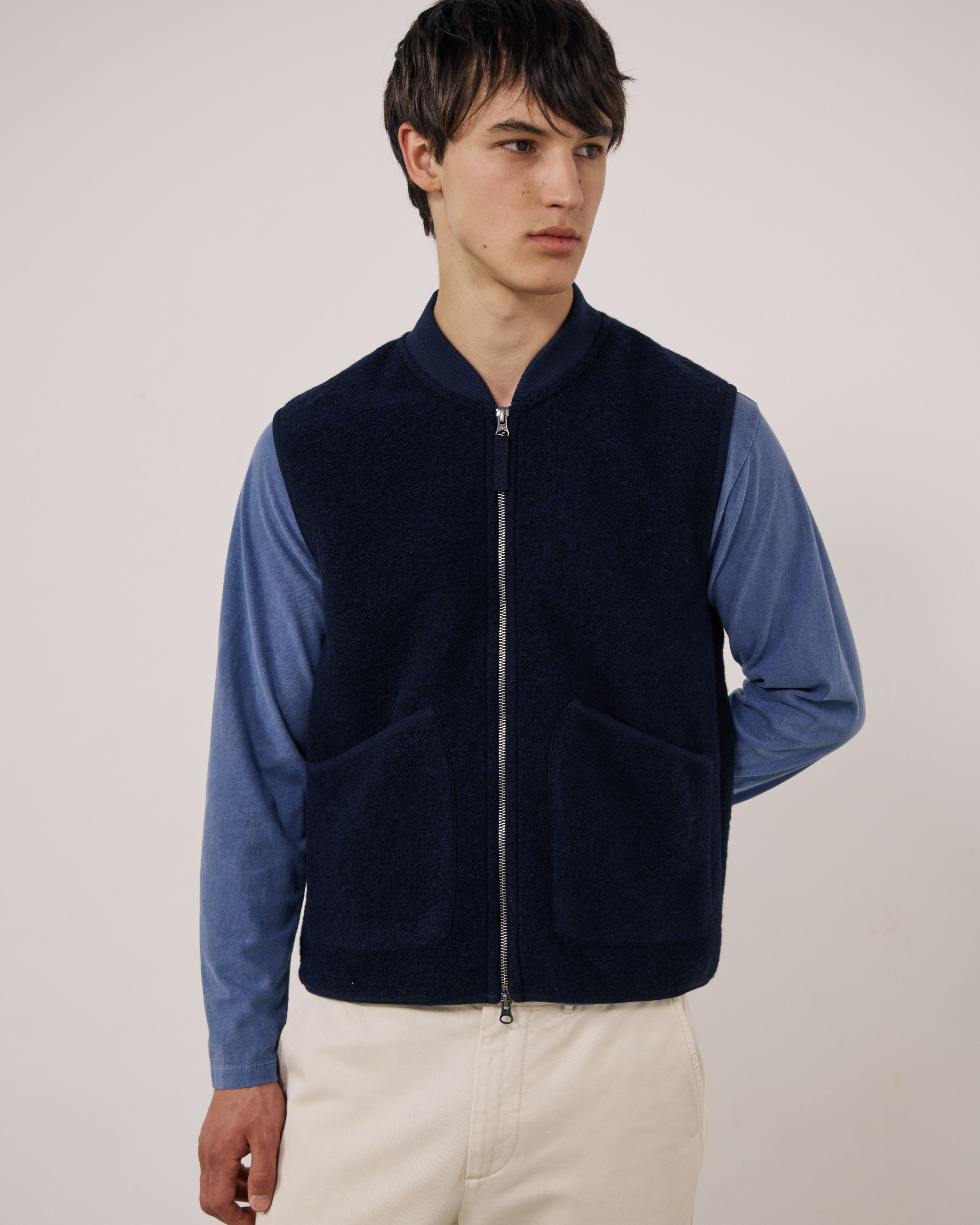 Boiled Wool Vest in Navy by Hartford