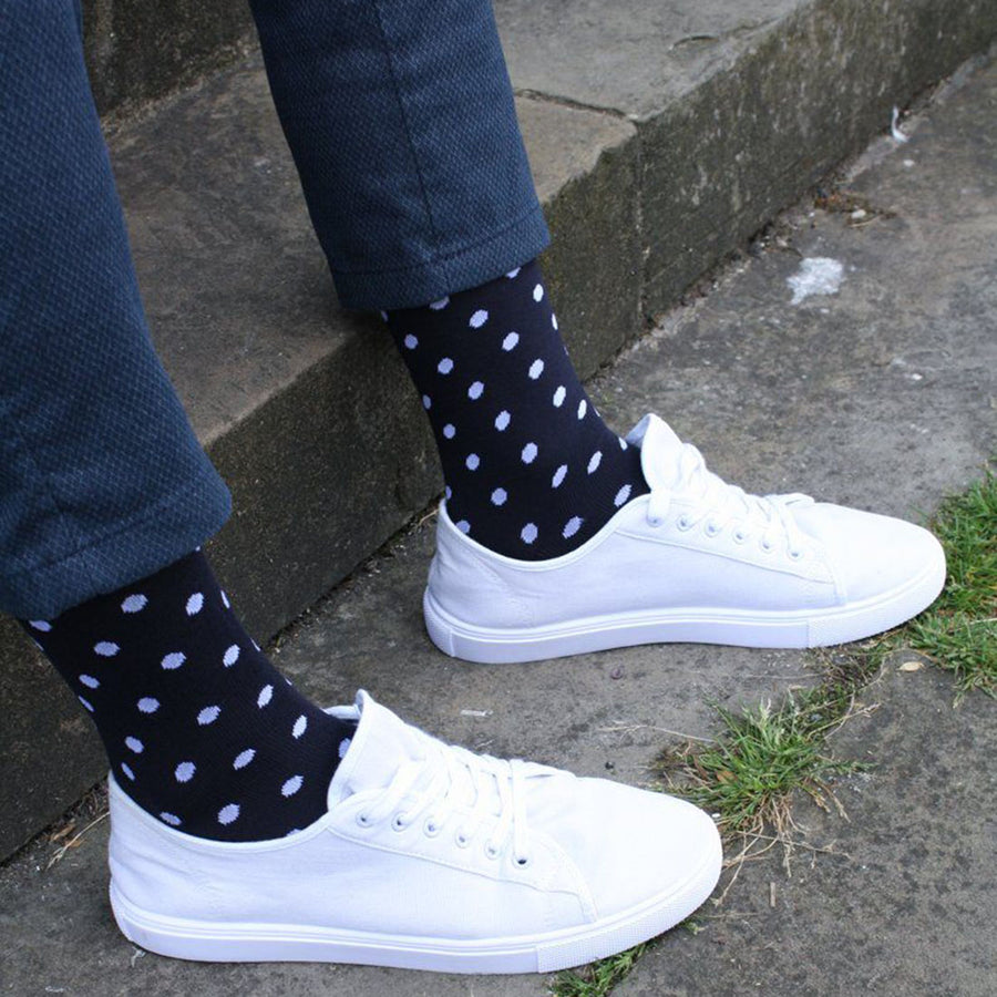 Navy and white polka dot socks by Swole Panda