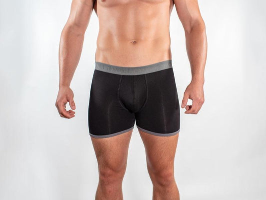 Grey and black fitted bamboo boxers by Swole Panda