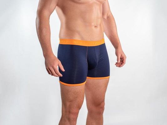 Navy and orange fitted bamboo boxers by Swole Panda