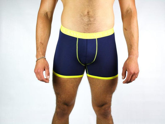 Navy and yellow fitted bamboo boxers by Swole Panda