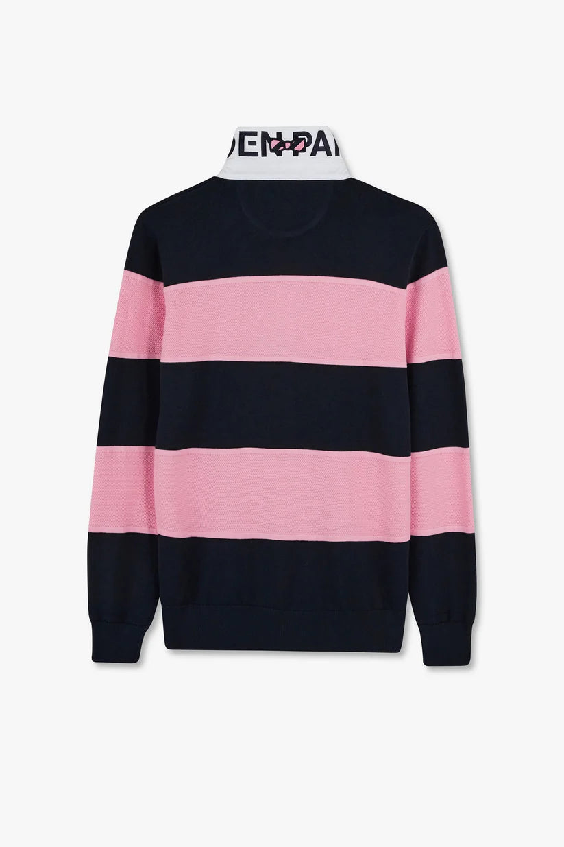 Navy and pink striped rugby shirt by Eden Park