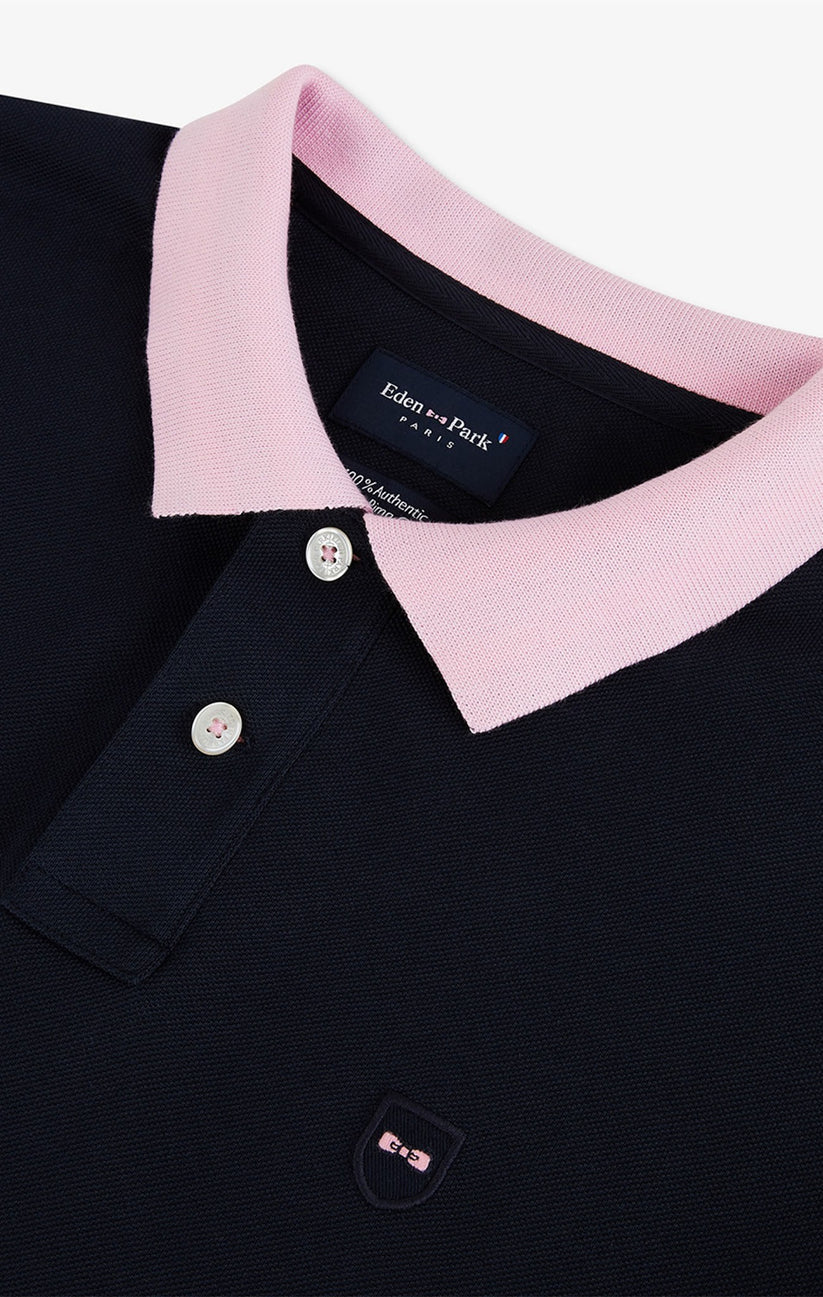 Long sleeve navy polo with pink detailing by Eden Park