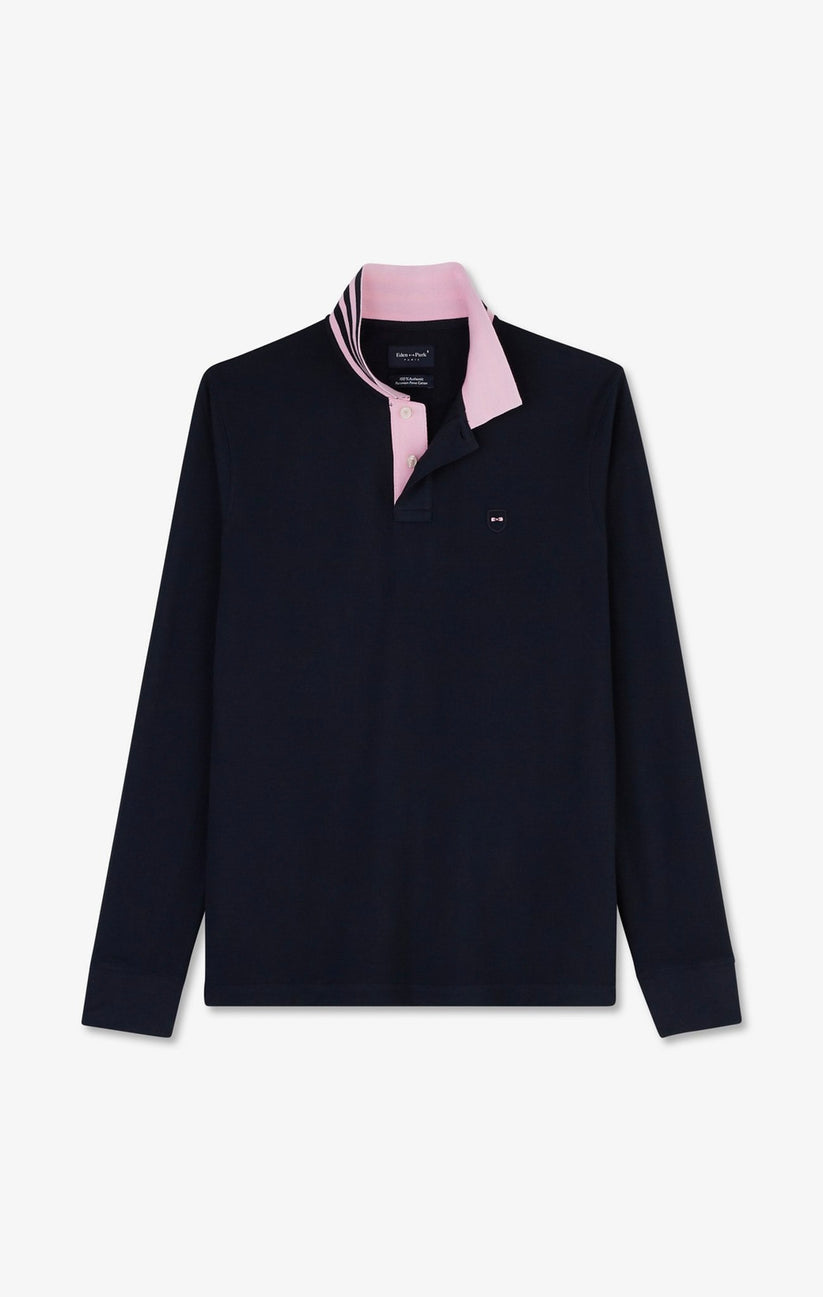 Long sleeve navy polo with pink detailing by Eden Park