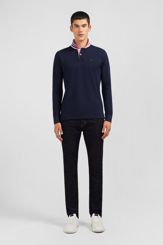 Long sleeve navy polo with pink detailing by Eden Park