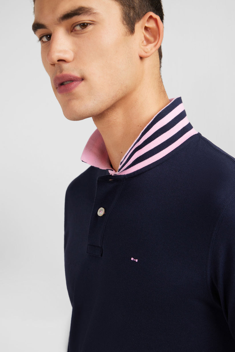 Long sleeve navy polo with pink detailing by Eden Park