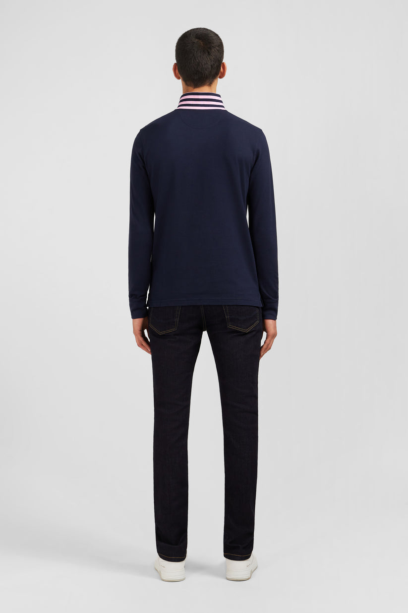 Long sleeve navy polo with pink detailing by Eden Park