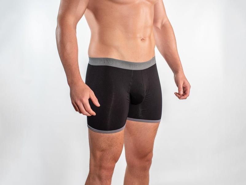 Grey and black fitted bamboo boxers by Swole Panda