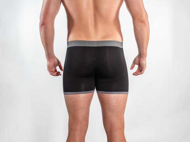 Grey and black fitted bamboo boxers by Swole Panda