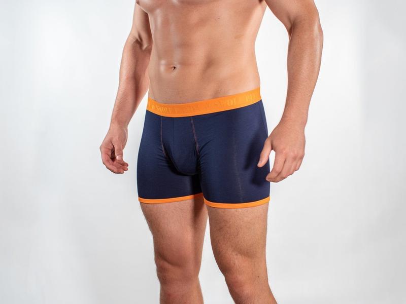Navy and orange fitted bamboo boxers by Swole Panda