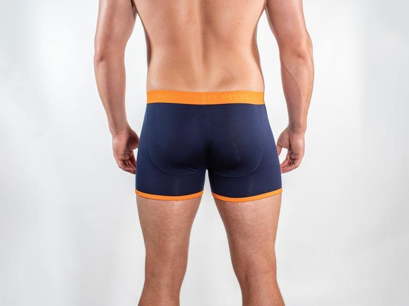 Navy and orange fitted bamboo boxers by Swole Panda