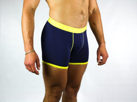 Navy and yellow fitted bamboo boxers by Swole Panda